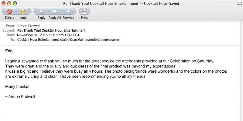 cocktail hour entertainment feedback review letter