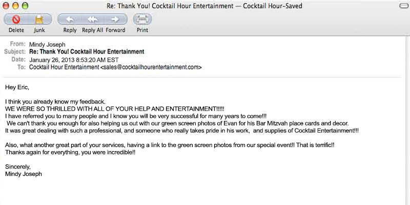 cocktail hour entertainment client letter feedback eric cutler