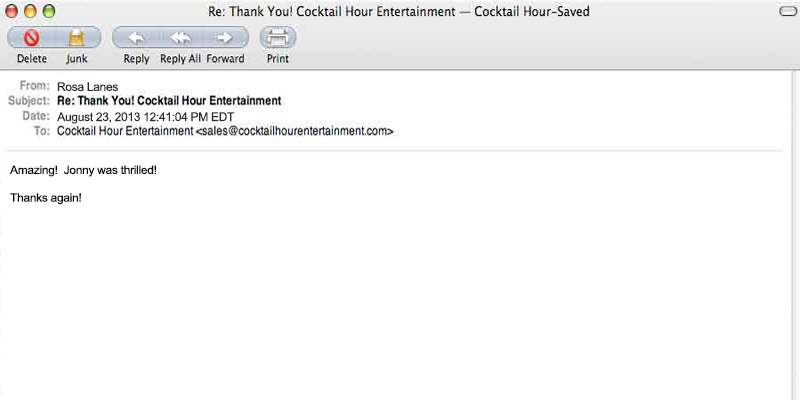 cocktail hour entertainment client letter feedback eric cutler